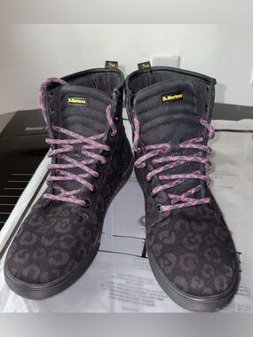 Dr. Martens Sheridan Black Leopard Print Lace-Up Canvas Boots with Pink Laces